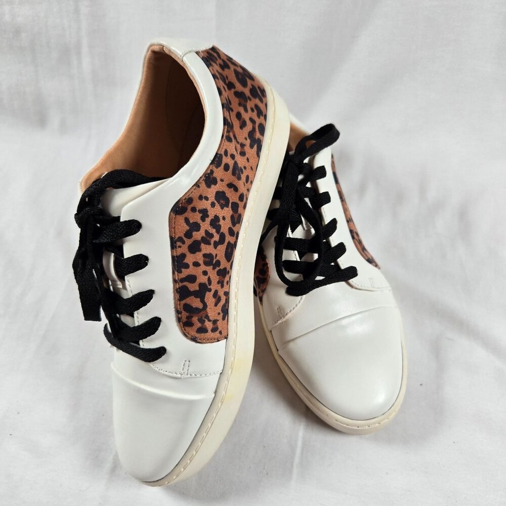 Leopard Print White Two Tone Lace-Up Sneakers Casual Women's‎ Shoes